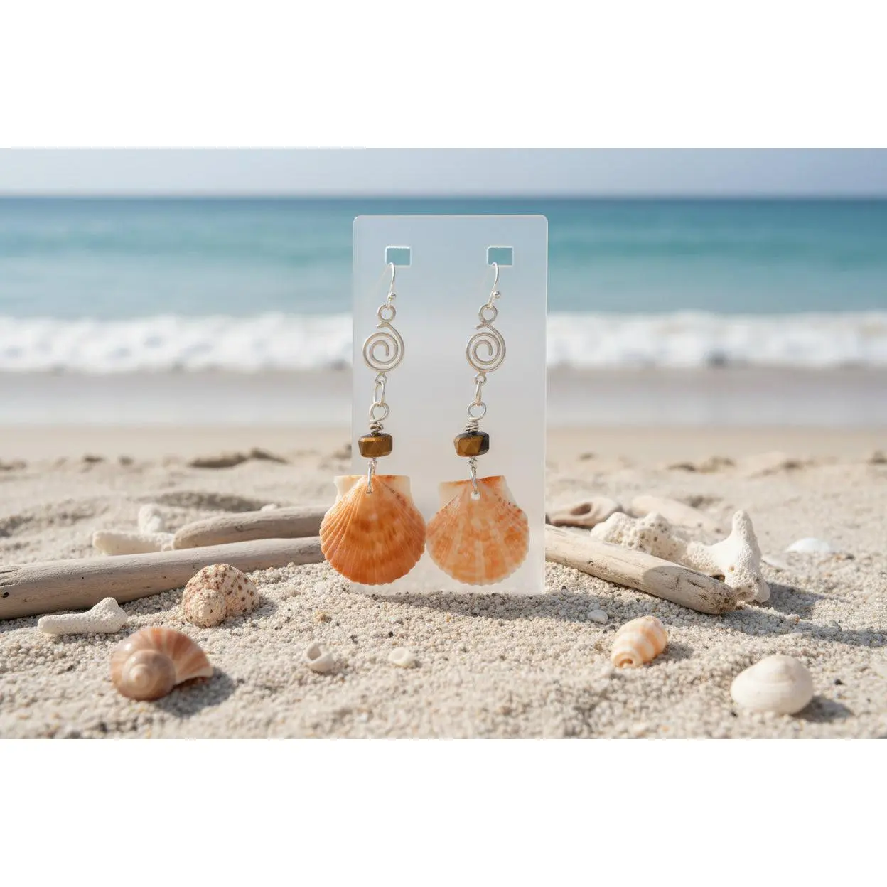 Handmade Scallop Shell Earrings with Amber Beads, Unique Coastal Dangle Jewelry for Women, Lightweight Florida Design, One-Of-A-Kind