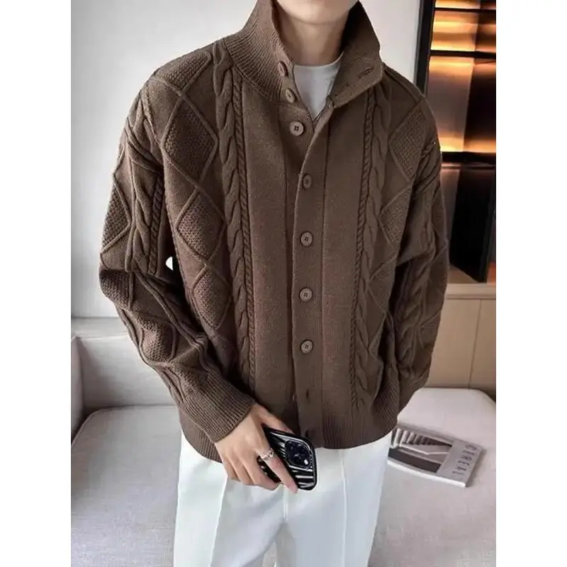 Men's Plain Cable Knit Sweater - Acrylic Blend, Longsleeves, Drop Shoulders, Casual Regular Fit, Button-Front Jumper for Fall & Winter Daily Wear