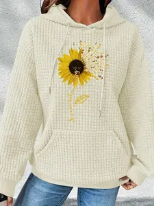 Women's Sunflower Print Waffle Knit Hoodie, Casual Long Sleeve Kangaroo Pocket Hooded Sweatshirt for Fall & Winter, Women's Clothes for Daily Wear, Tops