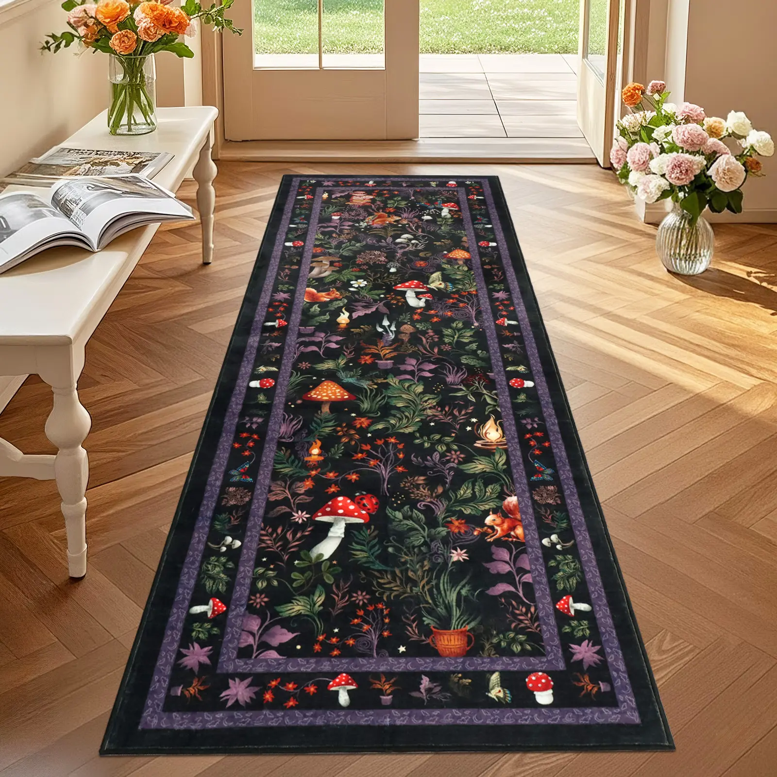 Geanup Fantasy Mushroom Boho Area Runner Rug - Non-Slip, Soft Thin Botanical Rug for Hallway, Kitchen, Bedroom - Cute Jungle Fox Accent Carpet for Bathroom Laundry, Boho Area Rug