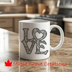Love - Zentangle Mandala Coffee Mug - 11 oz coffee mug - available in ceramic or plastic