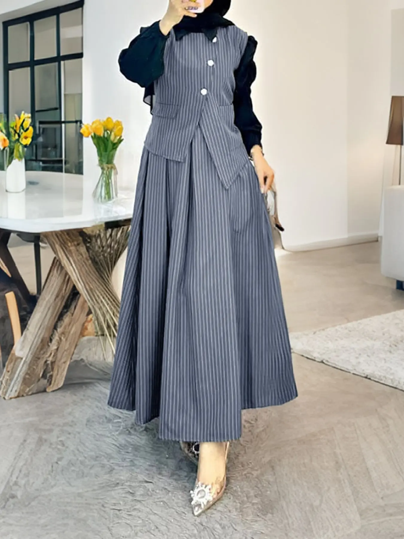 Women's Round Neck Sleeveless Striped Open Front Vest + Skirt Set, Casual Loose-Fitting Two-Piece, Fashion Style Sets, Spring & Fall Fashion Outfits