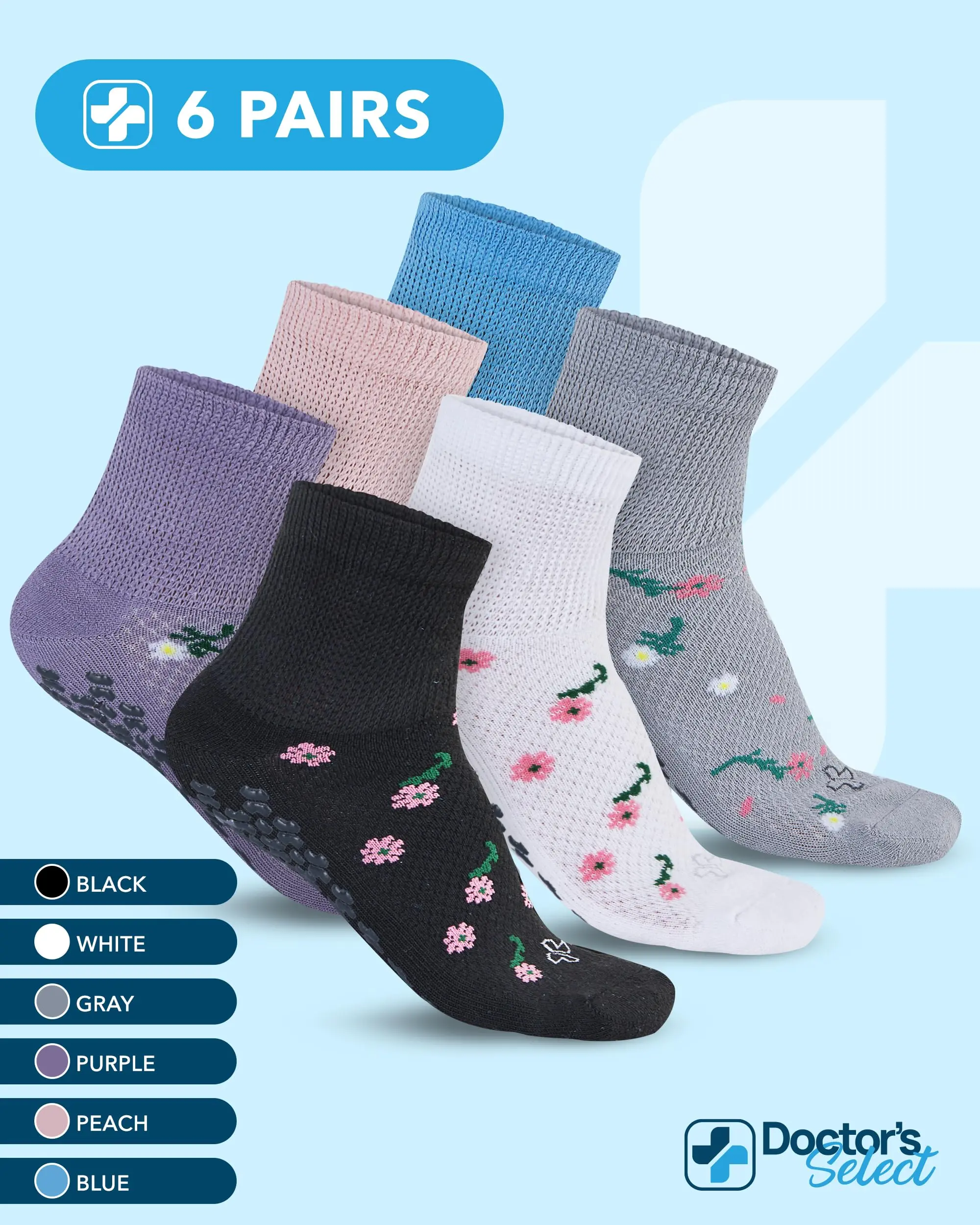 Doctor's Select Non Slip Diabetic Socks for Women & Men | 6 Pairs | Smooth Toe Seams & Grippers | Colors: White, Purple, Gray, Peach, Black, Blue Doctor's Select Non Slip Diabetic Socks for Women & Men | 6 Pairs | Smooth Toe Seams & Grippers | Colors: White, Purple, Gray, Peach, Black, Blue