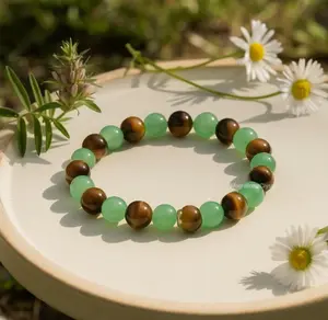 Green Aventurine Tiger Eye Stone Beaded Stretch Bracelet for Women & Men Jewelry Gift Good Fortune Mental Clarity Emotional Healing Adjustable 6.5-8 Inches