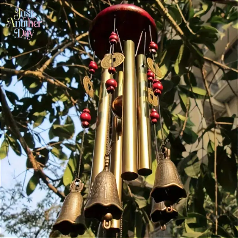 Vintage Brass Wind Chime with Bells and Coins, Retro Metal Hanging Ornament, Red Wooden Top with Beads, Ideal for Home, Garden, Patio Decor, Produces Soothing Sounds, Brings Good Luck and Positive Energy