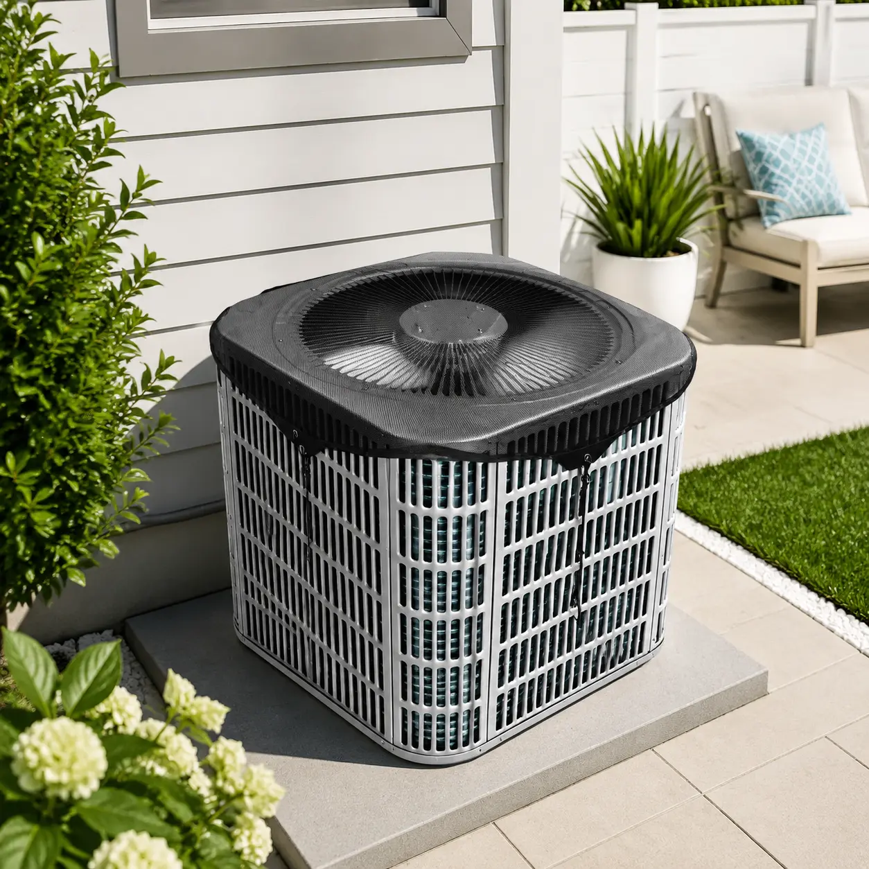 Dust-proof outdoor air conditioner condenser guard cover, with efficient ventilation and breathable top mesh cover, suitable for outdoor units of central air conditioners. The size is external  28×28 inches, effectively blocking fallen leaves and debris.
