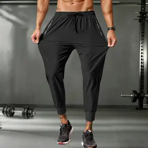 Men's Ankle-Length Joggers with Elastic Waistband, Zipper Pocket, Thin Ice Silk Slip Fabric, Stretch Casual Sports Running Pants