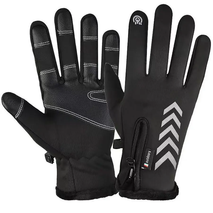 Waterproof Thermal Touch Screen Gloves Black Gloves with Zipper Closure and Chevron Design for Cold Weather