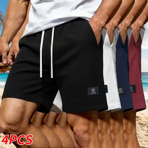 Set of 4 men’s summer casual shorts—soft and comfortable, with side pockets and a drawstring elastic waistband. Suitable for outdoor sports, everyday wear, travel, and vacations. Beige; men’s shorts; summer menswear.
