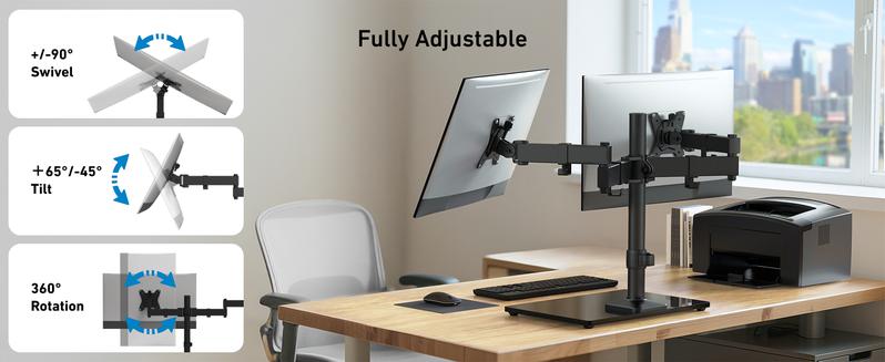 HUANUO Freestanding Dual Monitor Stand, 32 Inch Dual Monitor Mount for 2 Screens, Holds up to 19.8 lbs per Arm, Gaming Monitor Arm Riser with Tempered-Glass Base, Tilt, Swivel, Rotation, Black