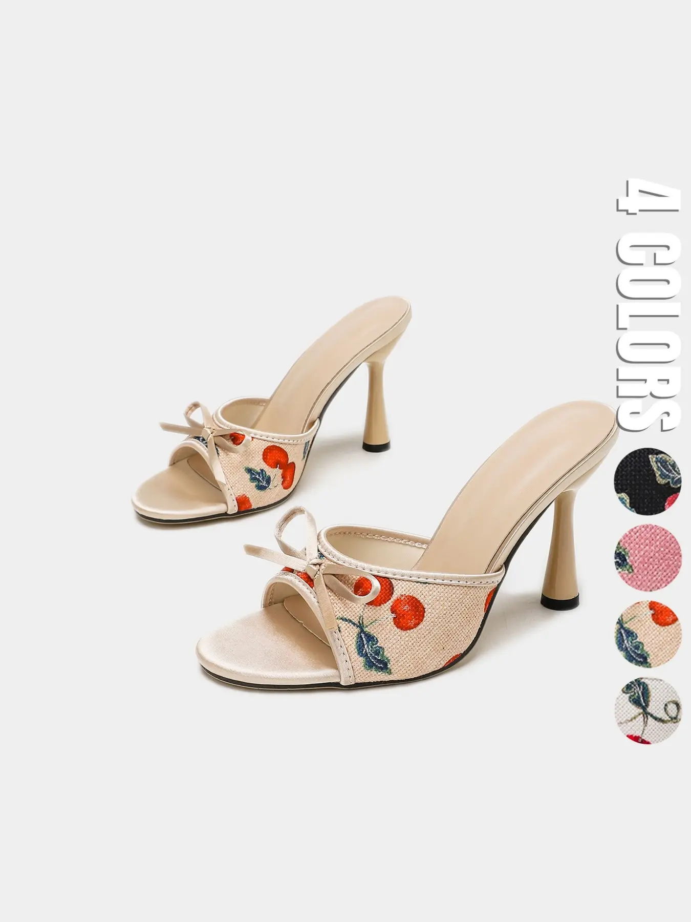 Women's Bow Heeled Mule Sandals Elegant Open Toe Slip On Mesh Cherry Print Kitten Heel Shoes for Party Vacation Summer Outfits