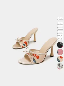Women’s Bow Heeled Mule Sandals Open Toe Slip On Mesh Cherry Print Kitten Heel Shoes for Party Vacation Summer Outfits