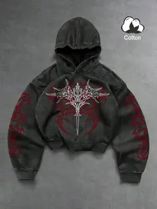 Unisex Casual High Street Washed Hoodie, Geometric Print, Breathable Skin-Friendly Material, Long Sleeve, Spring & Fall