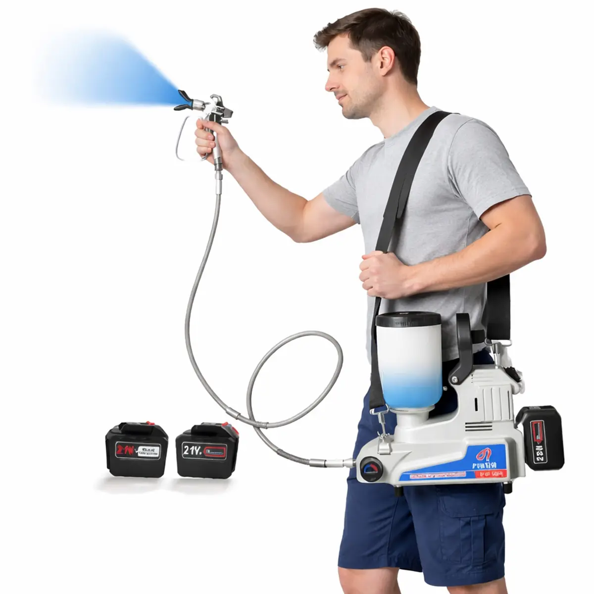 Cordless Airless Paint Sprayer, 21V Battery Powered, 2.5 L/Min High Pressure, 0.5 Gallon Tank, 3 Adjustable Speeds, 16 ft Hose, Includes 2×5.0Ah Batteries, for Wall Painting & DIY Tool Heavy Duty