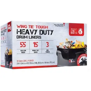 Contractor Trash Bags - 55 Gallon, 15 Bags, Wing Tie Closure, 3 MIL Thick, Gusseted Bottom, Black - Heavy Duty Industrial Strength Garbage Bags
