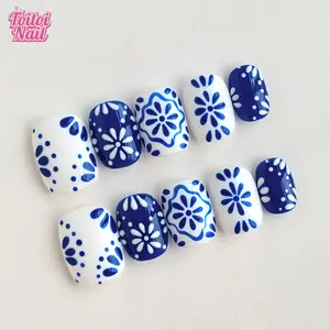 Blue Willow Handmade Press-On Nails | Short Square Shape, 10pcs | Elegant Chinese Blue Willow Design | Cobalt Blue & White Floral & Geometric Accents | Reusable DIY Nail Kit for Women | Trendy Nails for Spring, Summer, Dates & Daily Wear | Fresh Elegant