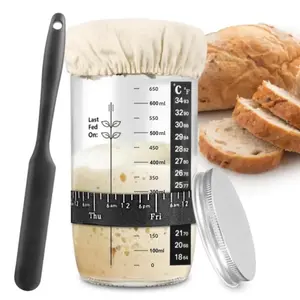 Sourdough Starter Jar Set, 6 Counts/set Including Sourdough Starter Jar & Scraper & Thermometer & Feeding Belt with Date Stamp & Sewing Cloth Lid & Metal Lid, Bakeware for Home Use, Baking Supplies Kit
