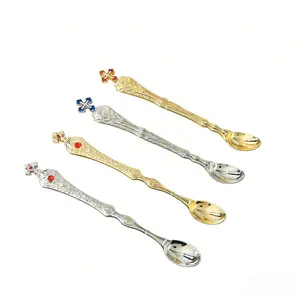 Eastern Orthodox Cross Spoon, 4 Styles Metal Spoons (gold/silver) with Enamel Crosses and Gems, 6.5 Inch Religious Decorative Utensils