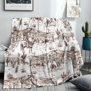 Mid-Century Western Scenery Printed Flannel Throw Blanket – Soft and Cozy Digital Print Polyester Knit Blanket for Bed, Sofa, Office, and Camping – All-Season Lightweight Comfort – Retro Style-280GSM