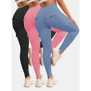 3pcs 4-Pocket High-Waisted Yoga Cargo Pants - Comfortable, Sweat-Wicking, And Stretchy Fitness Leggings For Women - Ideal For Workouts, Casual Wear, And Outdoor Activities