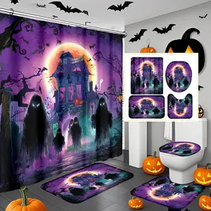 Halloween Ghost Haunted House Full Moon Shower Curtain Set, Includes Hooks, Bath Mat, U-Shaped Floor Mat & Toilet Lid Cover