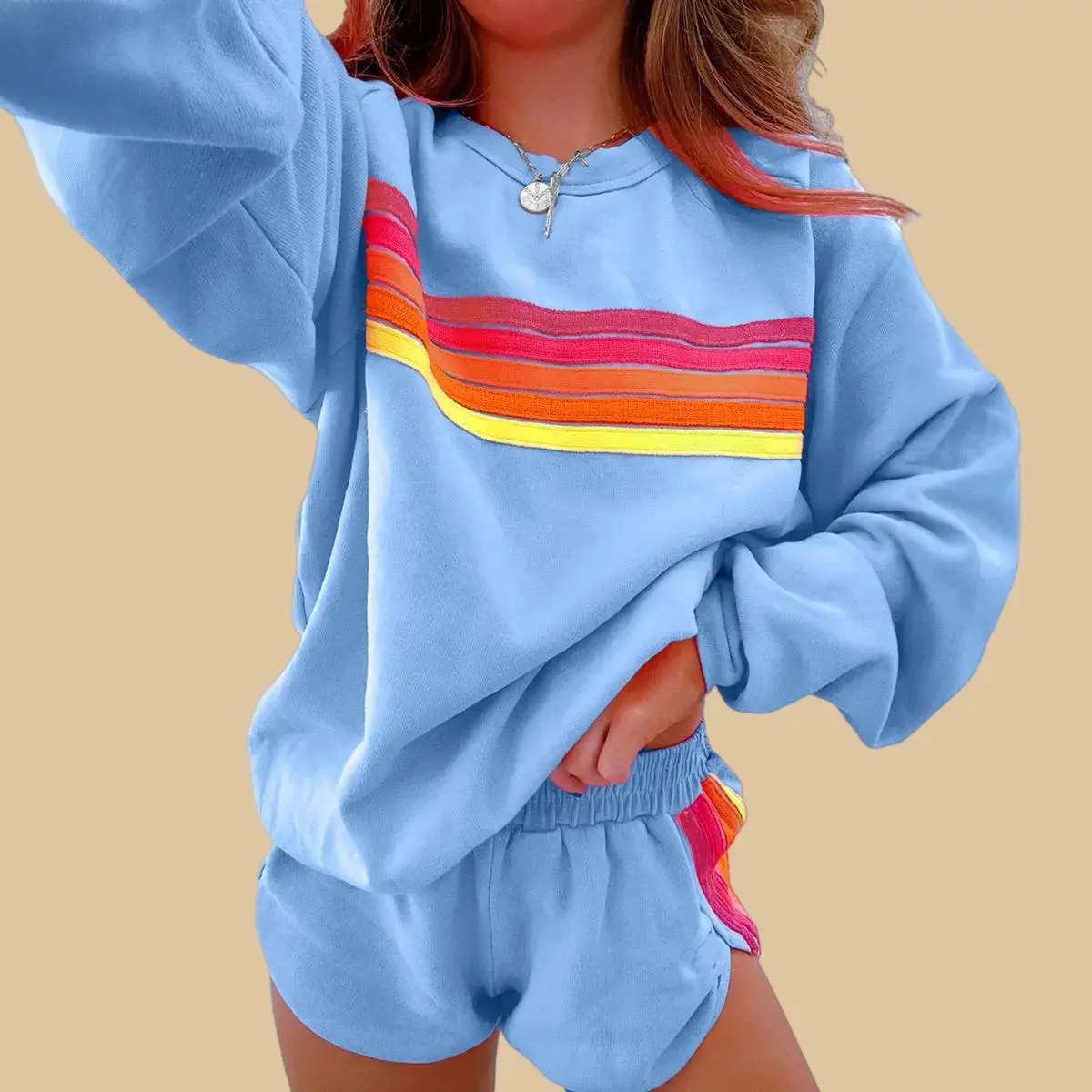 Women Retro Rainbow Stripe Matching Sets Baby Blue Long Sleeve Sweatshirt And Shorts Two Piece Outfits Spring Casual Lounge Set Pastel Aesthetic Sportif Chic