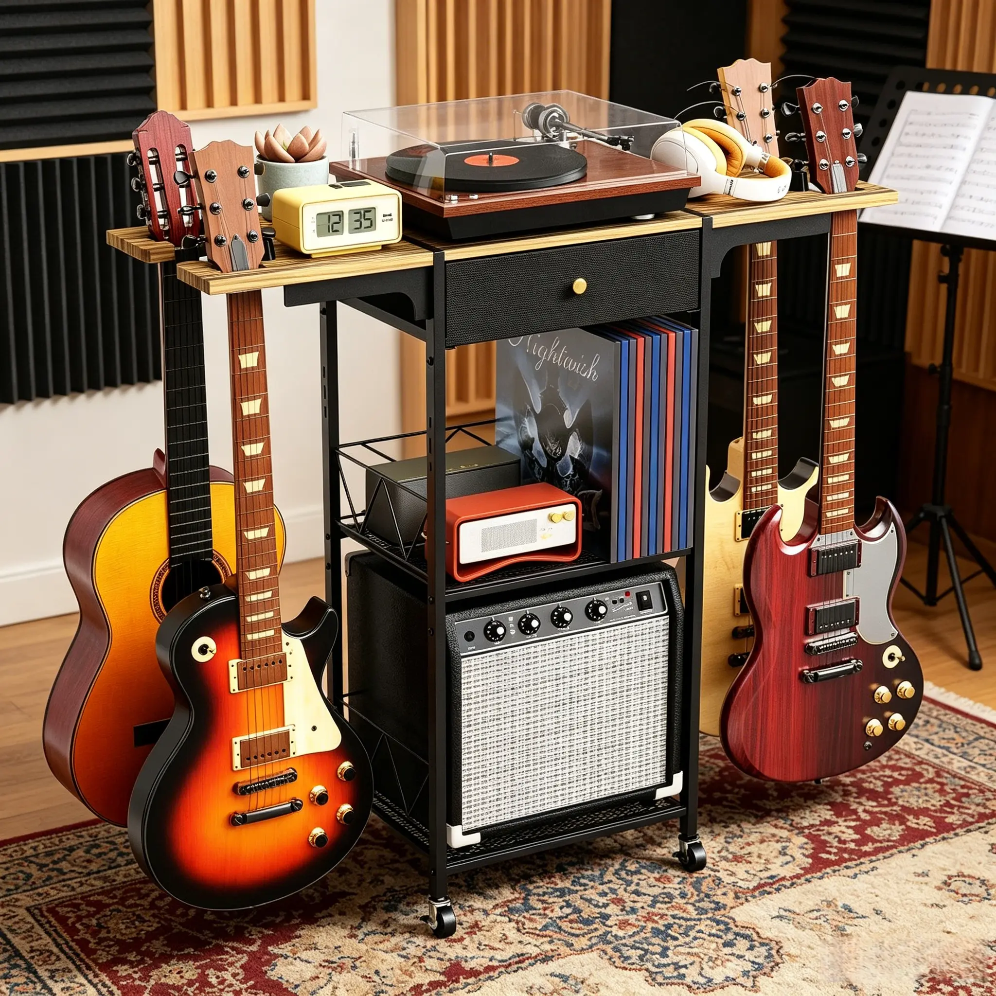 【HUOMAQFAN】 3-Tier Guitar Stand with Wheels, 3-Layer Multifunctional Floor Rack with Drawer & Storage Shelf, Portable Organizer for Electric Acoustic Guitars & Amplifier Stand, for Amateur Players, Bedroom & Music Studio Use, Wood Grain