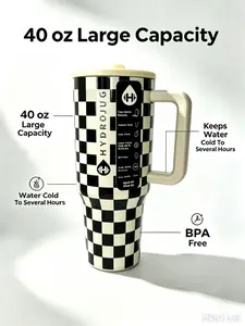 HydroJug 40oz Insulated Stainless Steel Travel Tumbler, Retro Black & Cream Checkerboard Print, Large Handle Mug, Leak-Proof Lid,  Car Cup Holder Friendly, BPA Free, Food Grade Stainless Steel resistant tiktokshopspringglowup reusable thermos travel cup
