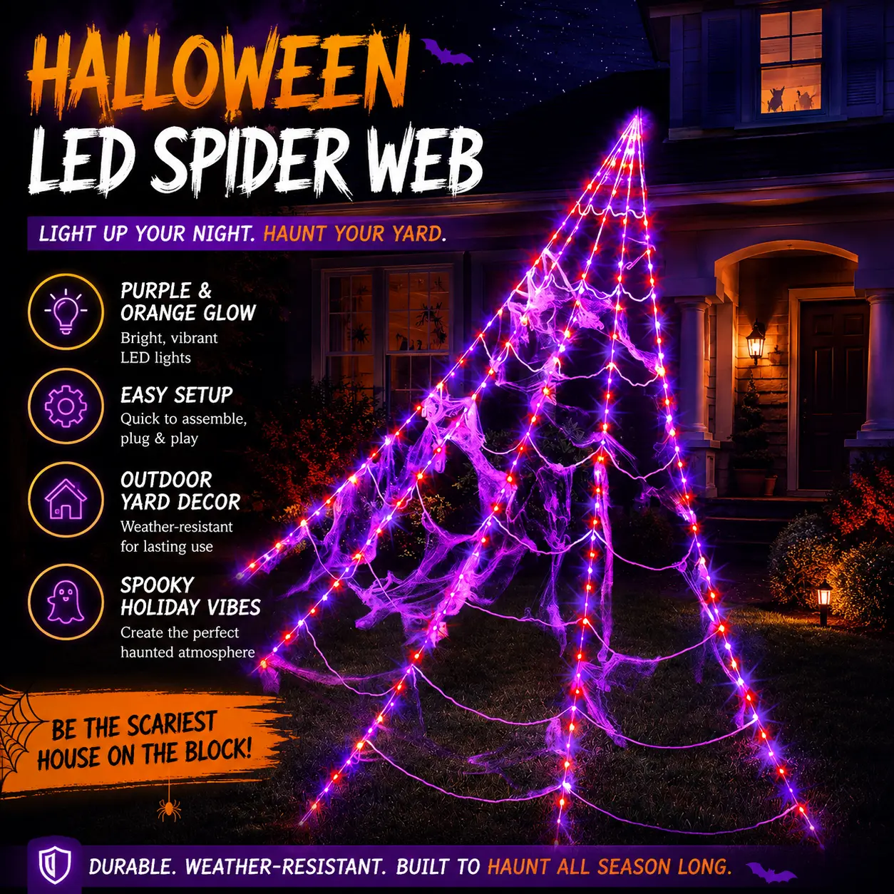 Halloween Glowing Spider Web Lights, Purple Orange LED Spider Web Decor with Timer Function, Outdoor Yard Party Decoration, Spooky Holiday Lights for Lawn Porch Garden Indoor Halloween Setup