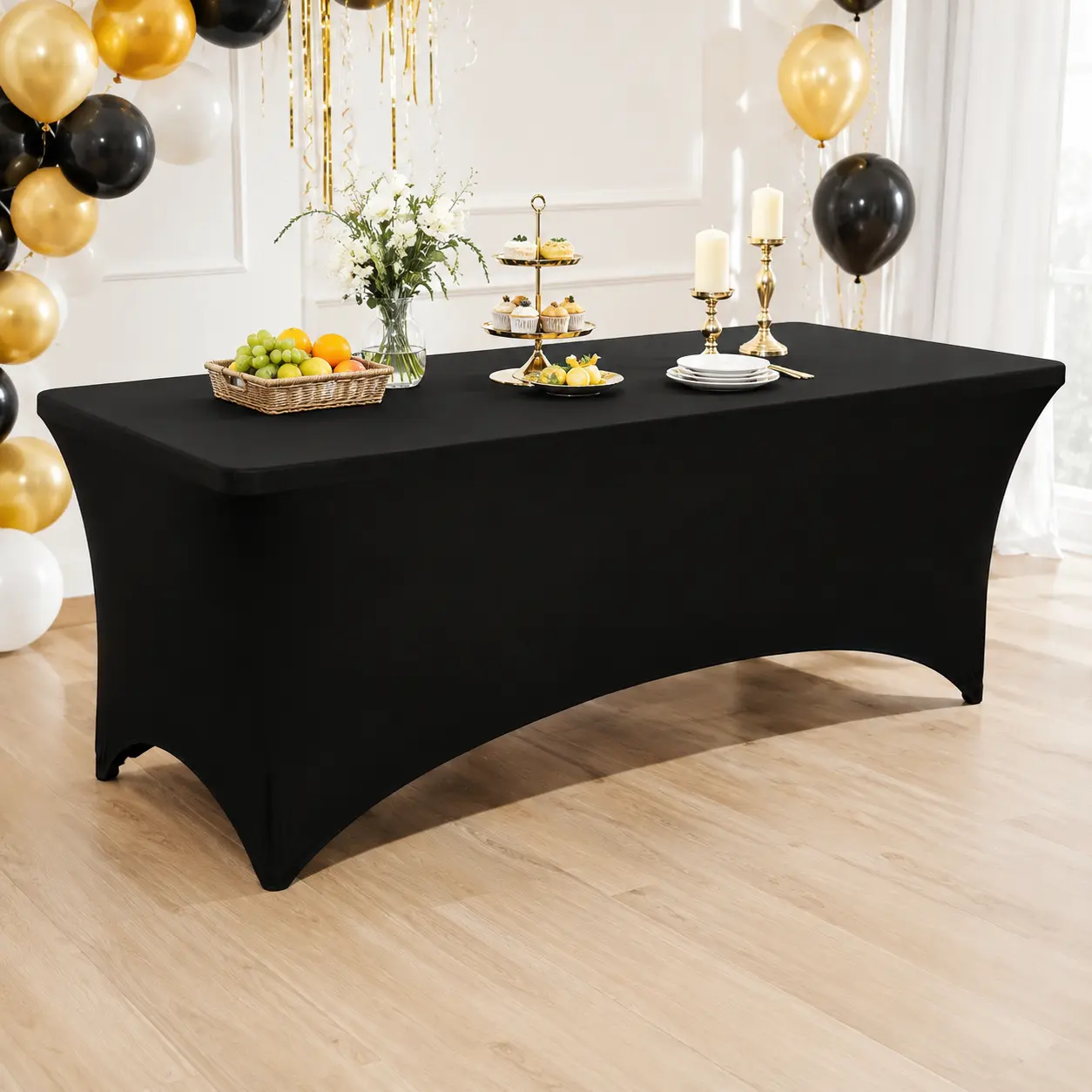 1/2/4PCS 6FT Back to School Stretch Tablecloth, Black Fitted Spandex Table Cover for School Registration, Classroom Welcome Tables, Reusable Wrinkle-Resistant