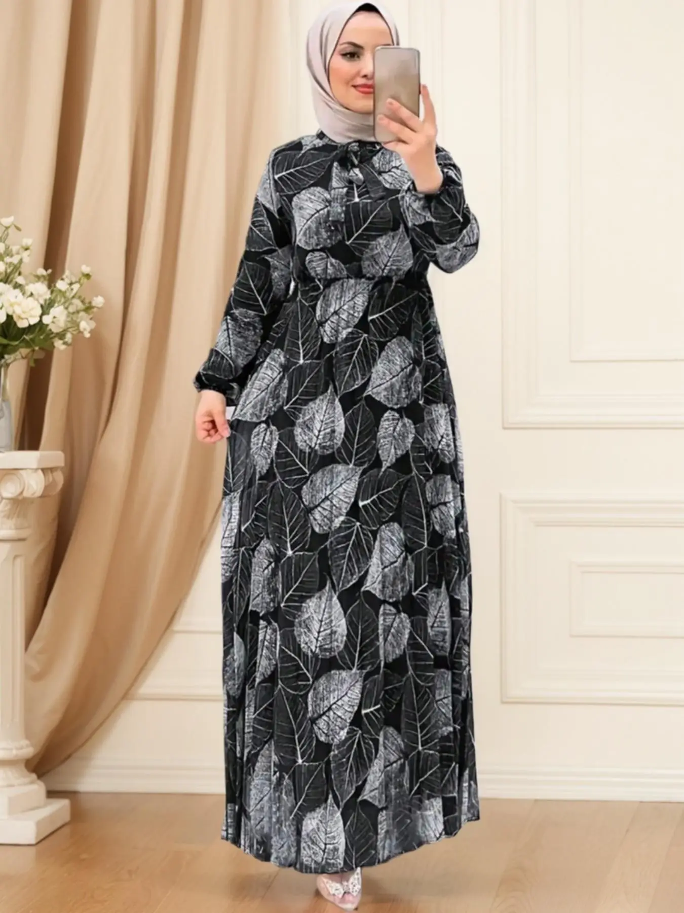Women's Leaf Print Tie Front Long Sleeve A Line Dress, Casual Bishop Sleeve Long Dress for Daily Wear, Ladies Clothes for All Seasons
