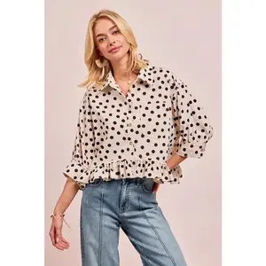BiBi Polka Dot Printed Peplum Top with Front Button Casual Shirts
