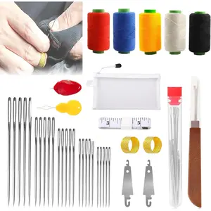 40Pcs Big Eye Steel Sewing Needles Kit, Stainless Steel Needles for Hand Sewing with Needle Threaders, Seam Ripper, Threads, Thimbles and DIY Crafting Tools