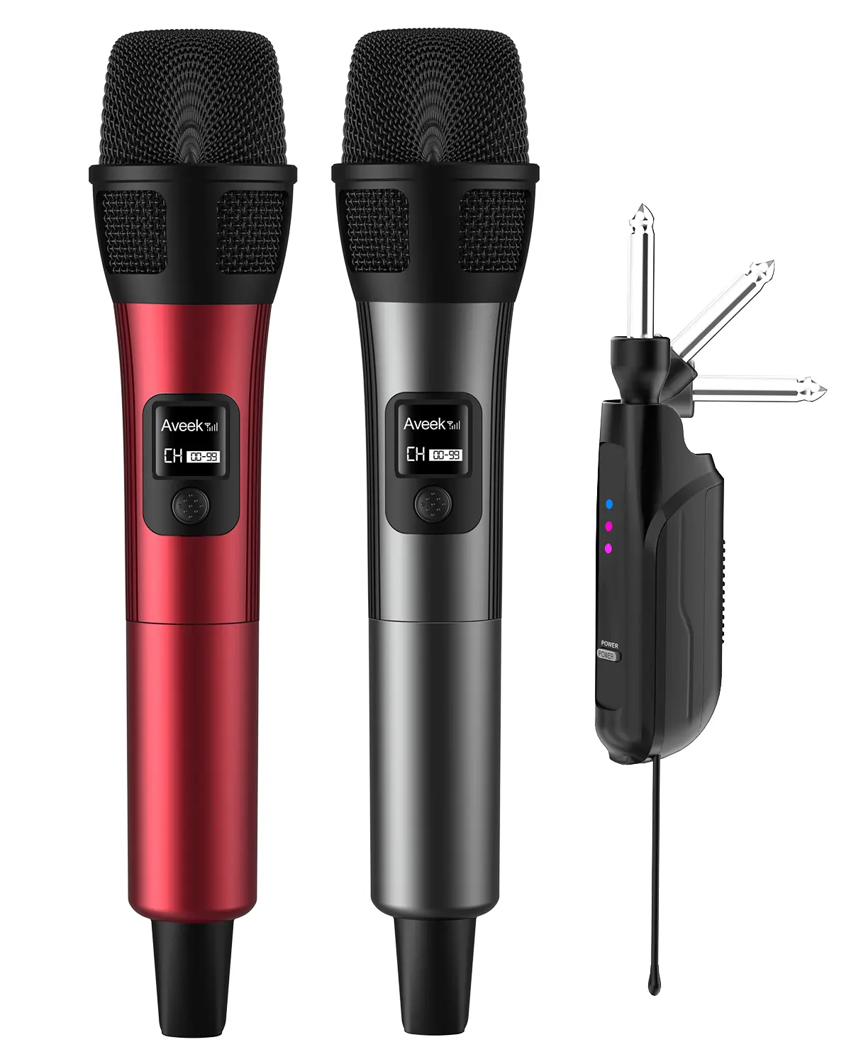 Aveek Wireless Microphone 2 Pack, Rechargeable Karaoke Mics with Stable 262ft Long Range, 40H Battery, Low Latency Studio Sound, Foldable Receiver for Church, Speech, Wedding, Stage, DJ & Karaoke, Red & Black
