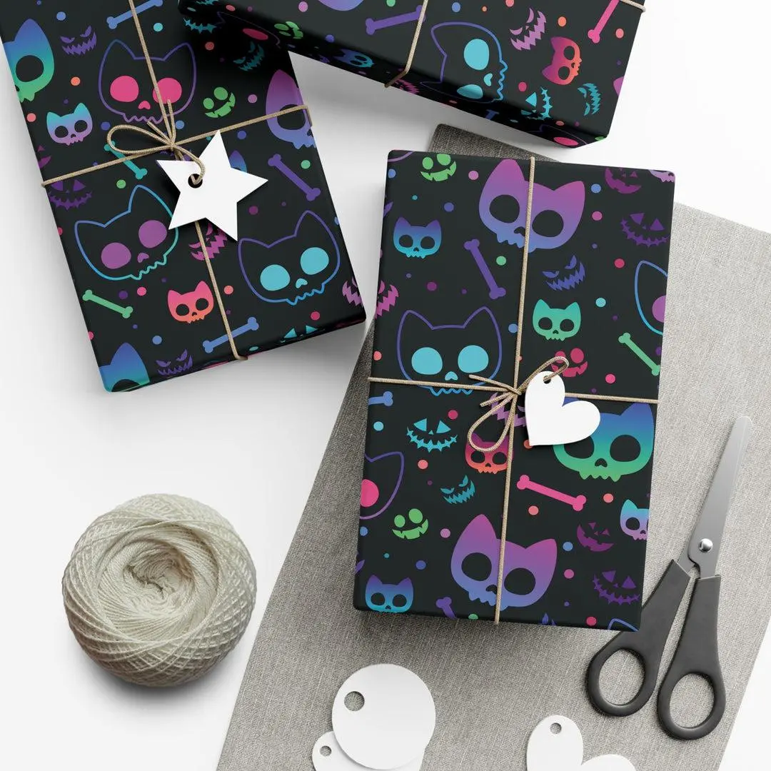 Neon Cat Skeleton Wrapping Paper, Halloween Gift Wrap