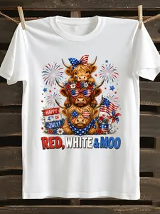 Red White and Moo Highland Cow 4th July 250 Years Patriotic Funny Aesthetic Graphic T-Shirt Casual T Shirts Street Style Tees Tops for Men 180g