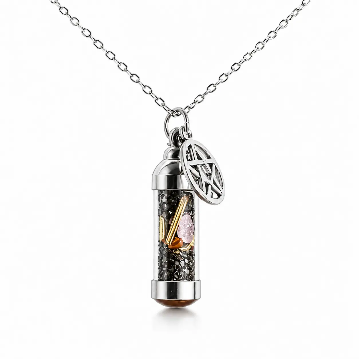 Protection Spell Jar Necklace, Modern Witch Crystal Amulet with a Symbolic Pentacle Charm and Black Salt for Spiritual Grounding, Amulet Pendant, Crystal Infused Necklaces