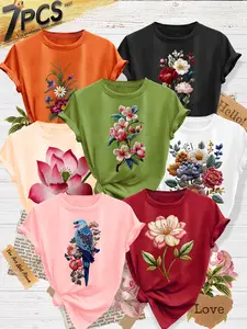 7pcs Plus Size Women's Crew Neck T-Shirt, Lotus & Embroidery-Style Floral Print, Multiple Colors Available, Machine Washable, Spring & Summer Top, Soft Skin-Friendly Fabric, Daily Versatile, Fashion Design