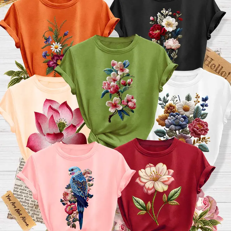 7 Pcs Plus Size Women's Crew-Neck T-Shirts, Round Neckline Tee, Lotus & Embroidery-Style Floral Print, Multiple Colors, Machine Washable Spring & Summer Tops with Soft Skin-Friendly Fabric, Daily Versatile Fashion Design