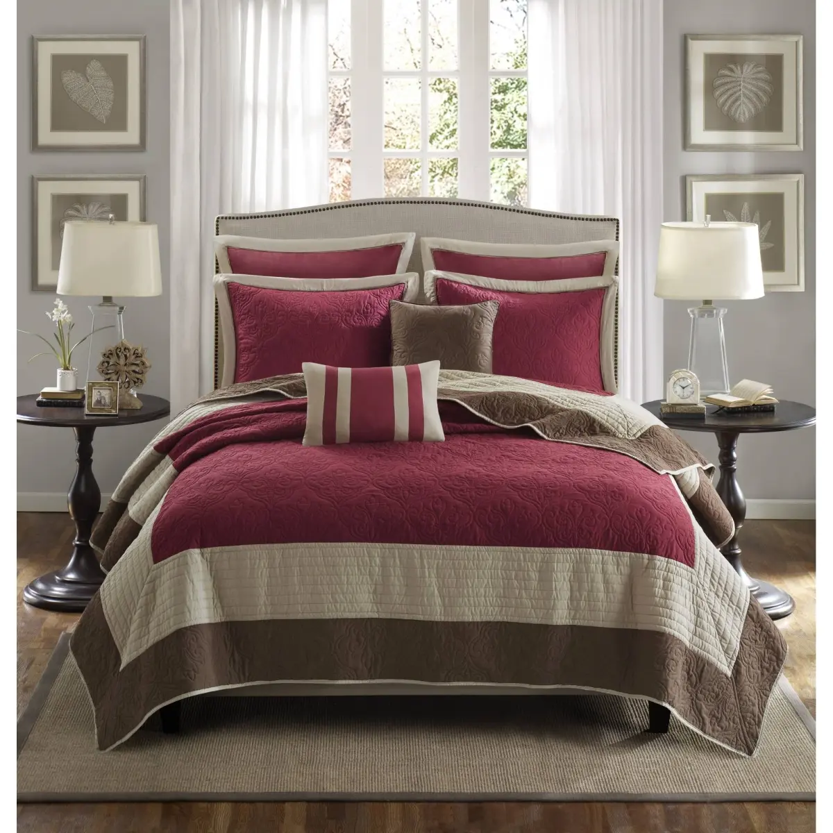 360 Stand 7-Piece Traditional Medallion Bedding Set Comforter, King & California King Size Bedding Set, Woven Detail Bedding with Euro Shams & Throw Pillows, Red, Beddingset, Microfiber Bedding Set