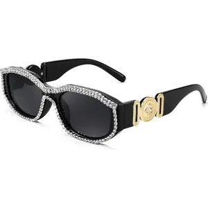 FEISEDY Rectangle Rhinestone Sunglasses for Women Men Bling Jeweled Retro Square Sunglasses 90s Vintage Shades B0091