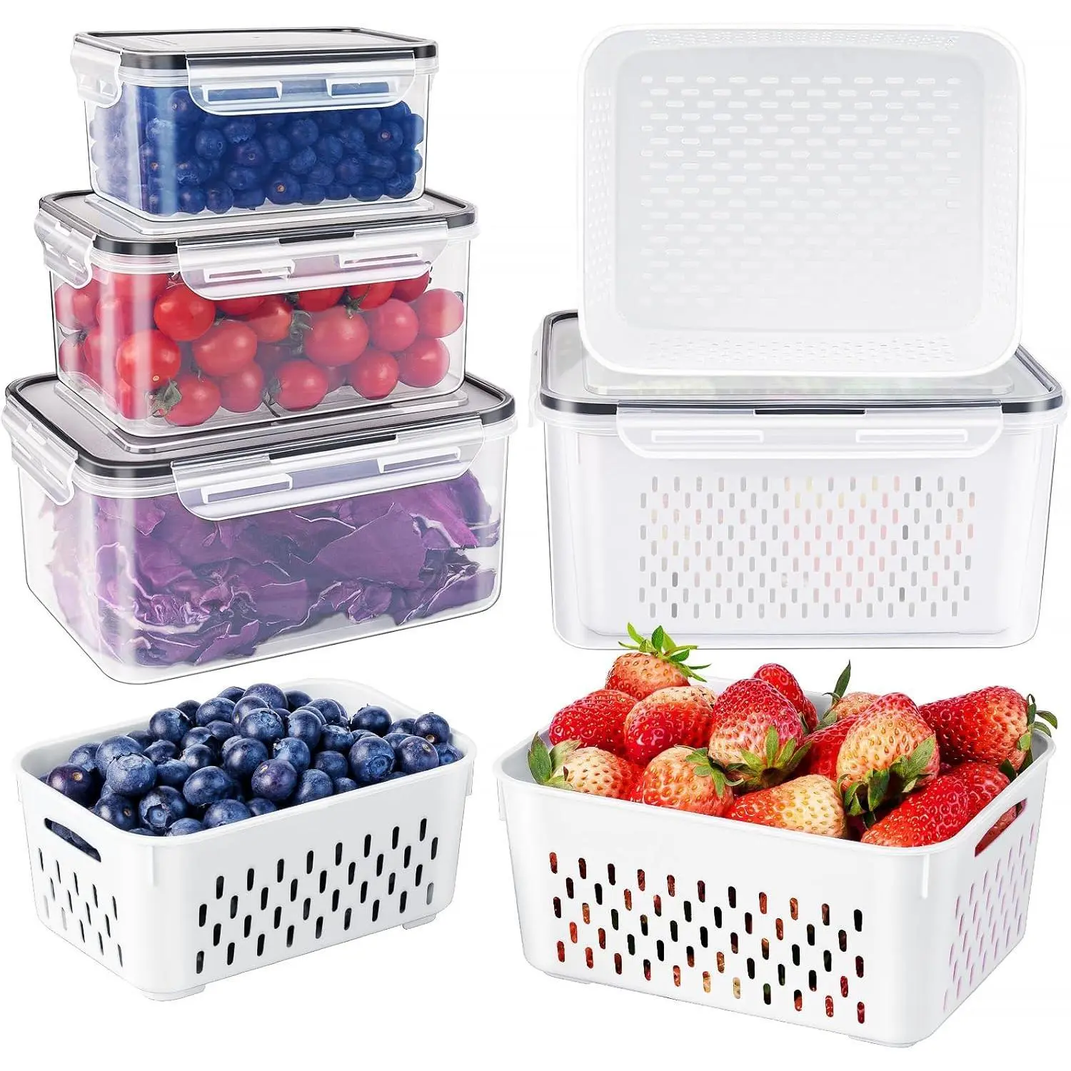 4 PCS Kitchen Fruit Food Storage Containers Set - Removable Colander, All-in-1 Washing Bowl, Dustproof Leak-Proof Food Cover, Microwave & Dishwasher Safe, Functional Fridge Preserving Utensils, Maintains Freshness for Everyday Use