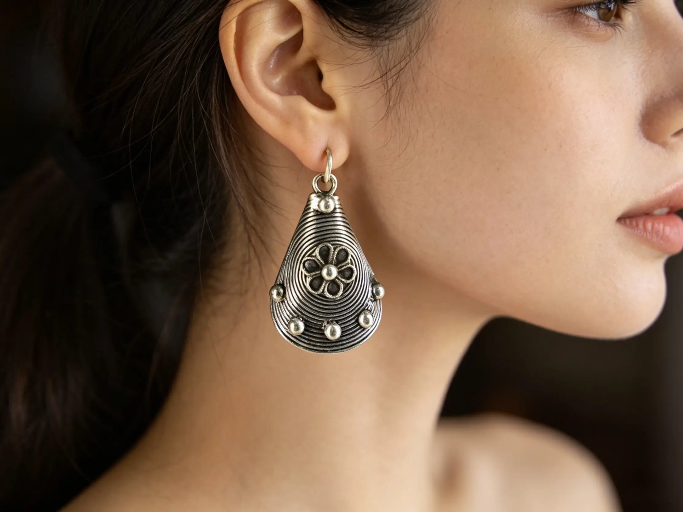 Miao Silver Inspired Teardrop Earrings | Handmade Ethnic Floral Statement Jewelry