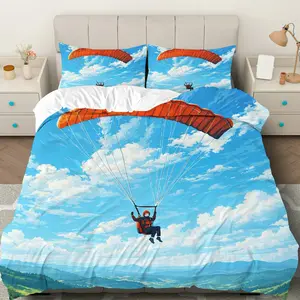 3PCS Duvet Cover Set, 1 Duvet+2 Pillowcases(Without filler), Sky Parachute Adventure Air Clouds theme, Holiday bedding set, Artistic Scenic Cozy Bedroom Dorm Home Hotel Suitable for decoration