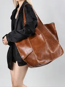Large Capacity PU Leather Tote Bag, Simple Fashion Shoulder Handbag, Versatile Women's Commuter Underarm Bag for Work & Shopping, Slouchy Tote, Stylish Tote Bag, Casual Tote Bag