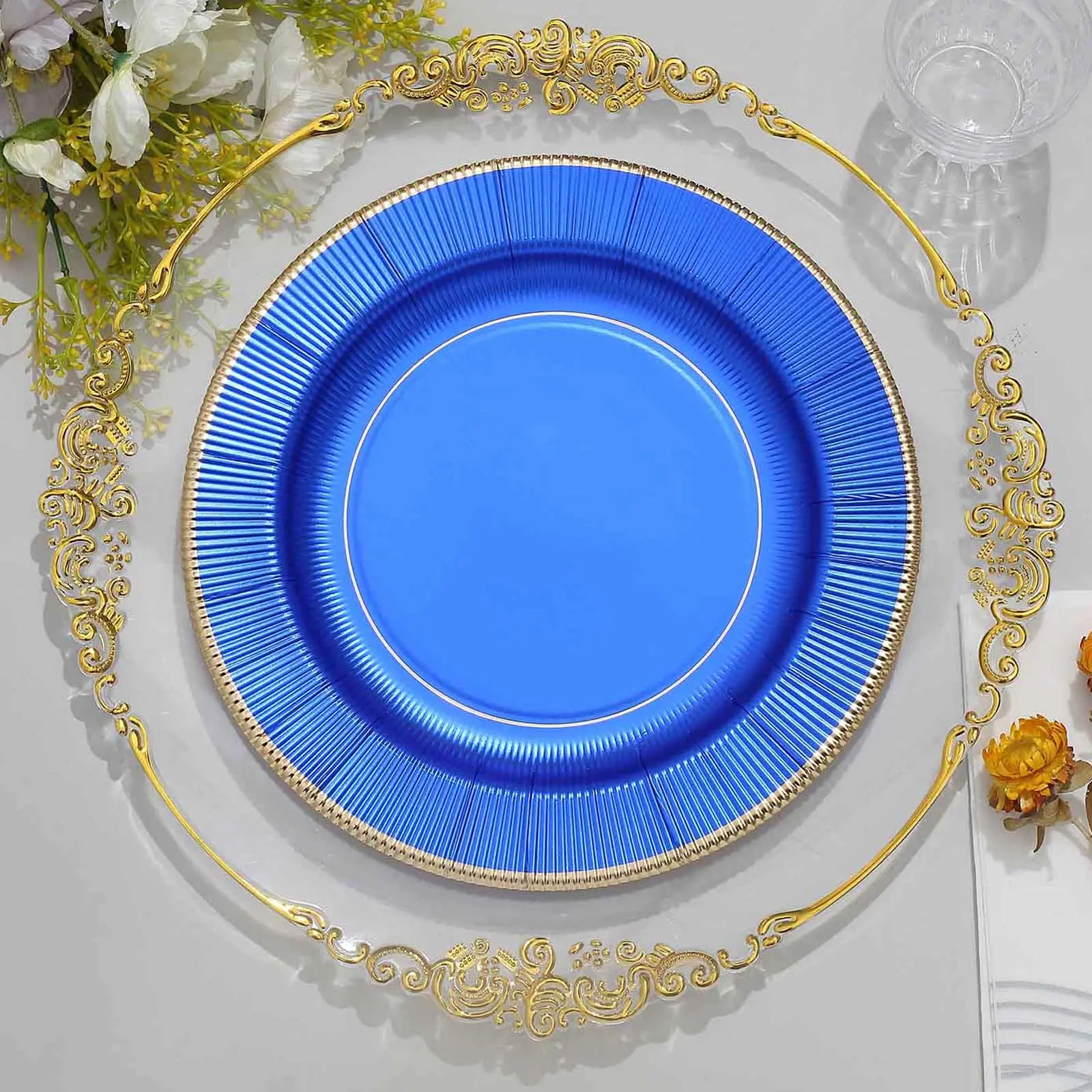 Disposable Royal Blue Sunray Design 10" Gold-Rimmed Round Paper Dinner Plates - 25-Pack, 350GSM Heavy Duty, for Banquets, Wedding Receptions