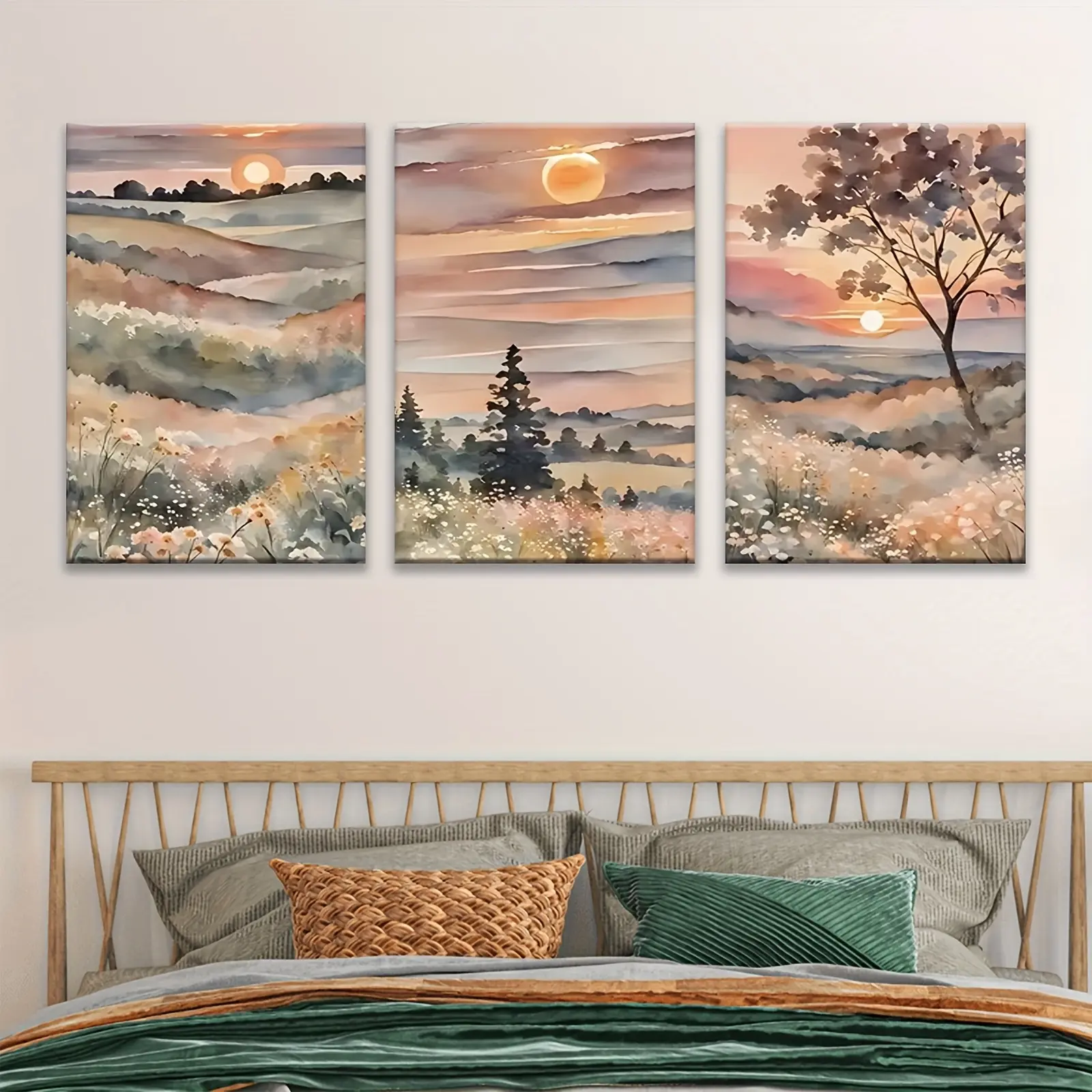 Artistic Decorative UV Resistant 3-Pcs Wrapped Wooden Frame Landscape Watercolor Art Print Set - 8"x12"x0.75in Framed, Multi-Size 12"x16",16"x24", Bedroom Wall Decor, Easy Hanging, Ideal Gift for Mother's Day