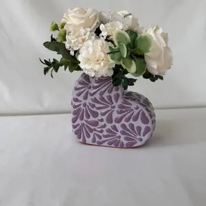 Purple Heart 4 1/2” Tall Vase Handmade Talavera Decorative Centerpiece for Home Decor Floral (Flowers not included)