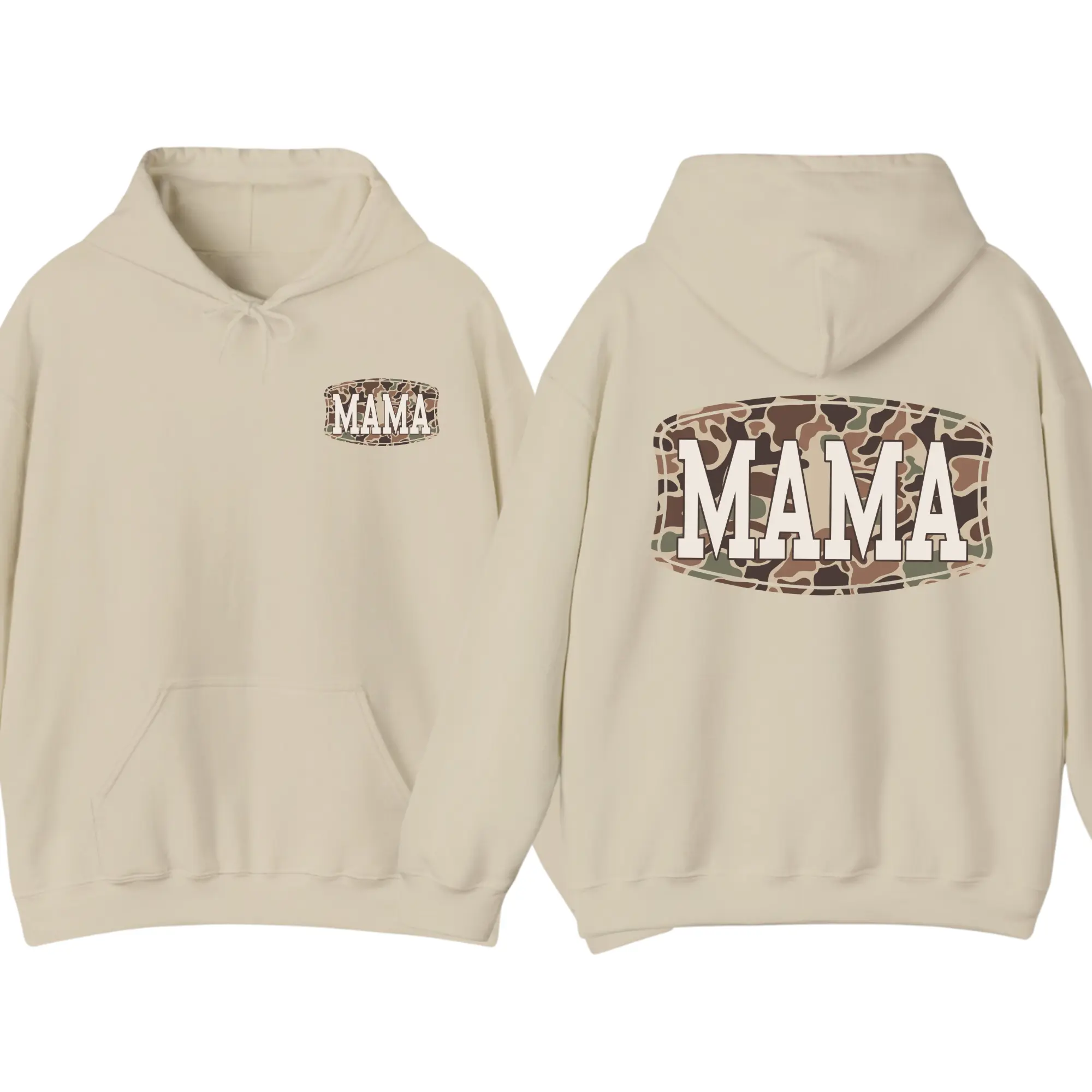 Camo Mama 2 Sided Hoodie, Trendy Camouflage Graphic Pullover, Cool Streetwear Style, Mother’s Day Gift for Moms, Casual Apparel for Women