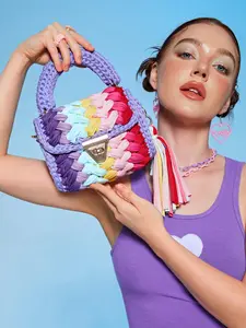 colorblock handmade flower crochet handmade bag turn lock tassel decor